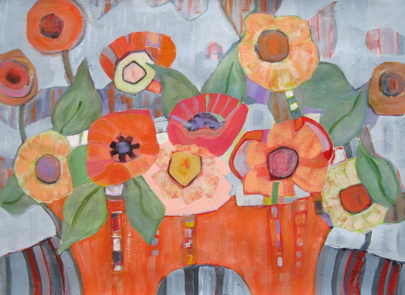 Happy, colorful, acrylic painting shades of red to yellow flowers arranged in an orange planter.