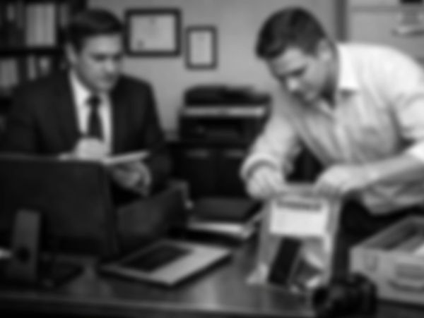 Two men in an office, one taking notes, the other examining evidence.