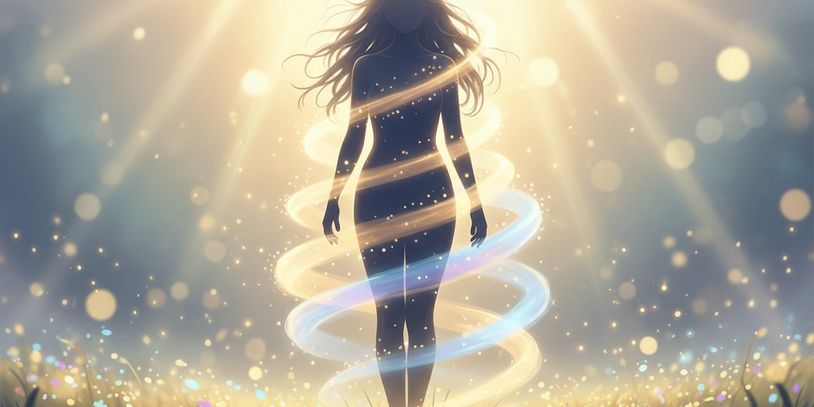 Silhouette of a woman glowing with swirling light ribbons in a magical field.