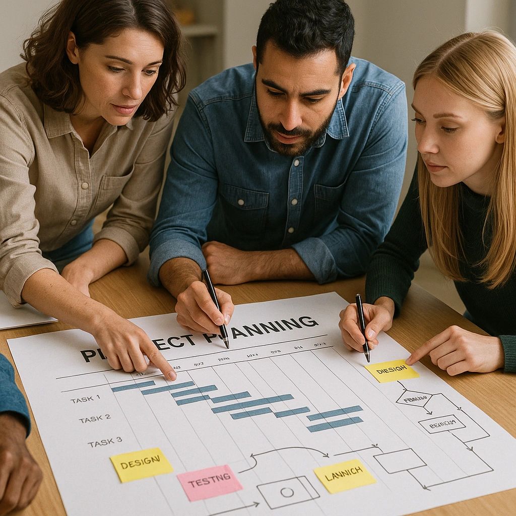 Team collaborating on project planning with timeline and diagrams