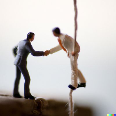 macro 35mm photo of a man holding onto a rope shaking hands with another man - created using DALL.E