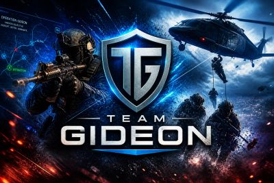 Team Gideon military-themed logo with soldiers and helicopter action.