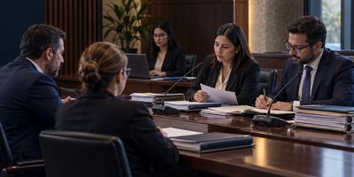 Reunión de abogados revisando documentos en una sala de conferencias.