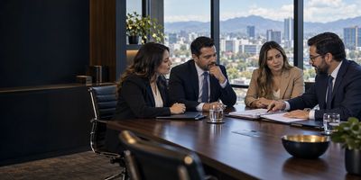 Cuatro profesionales discutiendo en una junta de trabajo.