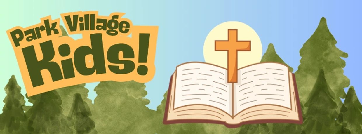 Park Village Kids logo with Bible and cross over forest background.
