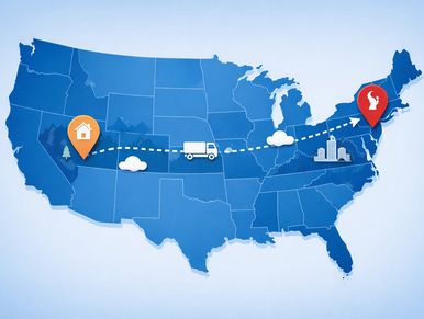 Map of the U.S. showing a delivery route from home to city.
