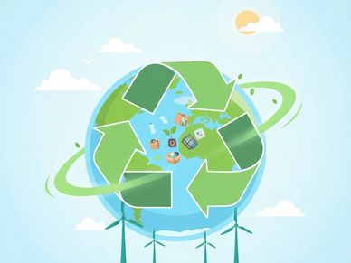 Illustration of Earth with recycling symbol and wind turbines promoting sustainability.