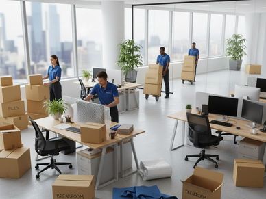 Workers packing and moving boxes in a modern office with large windows.