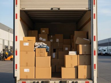 Back of a truck loaded with stacked cardboard boxes and some folded clothes.