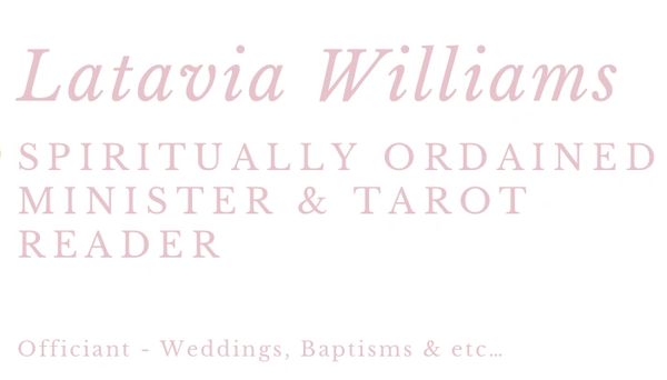 Business card for Latavia Williams, a spiritual minister and tarot reader.