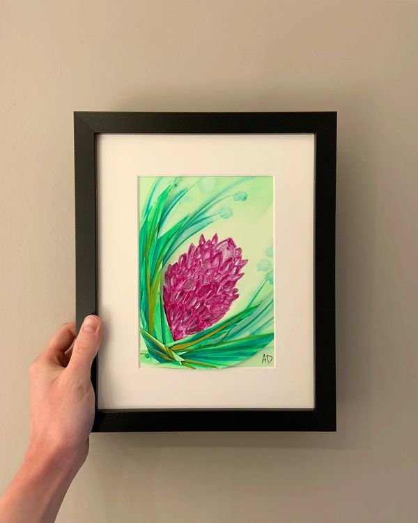 Painting of pink/purple protea flower with green background and leaves