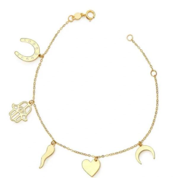 Gold charm bracelet with various symbols.