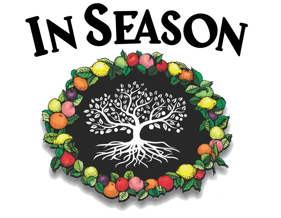 The logo for In Season Market & Nursery in Stockton CA has local natural organic products & produce.
