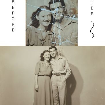 Restored vintage photo showing a smiling couple before and after repair.