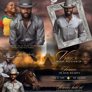 Memorial tribute for Zarick John-William Jr., featuring his portraits and a horse.