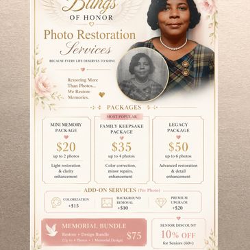 Elegant photo restoration service flyer offering various packages and add-ons.