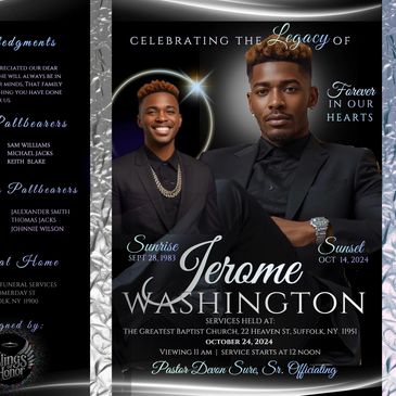 Memorial card honoring Jerome Washington with dates and service details.