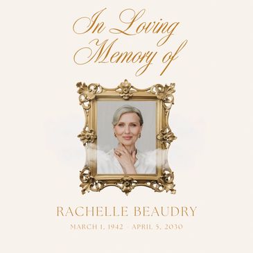 Memorial tribute for Rachelle Beaudry with elegant gold frame and text.
