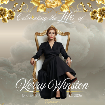Elegant memorial tribute featuring Kerry Winston with gold floral accents.