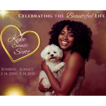 Tribute image celebrating the life of Keke Sandi Scott with a smiling woman holding a white dog.