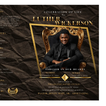 Elegant memorial invitation featuring a man in a black suit on a golden throne.