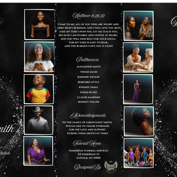 Memorial tribute with photos, scripture, pallbearers, and funeral details.