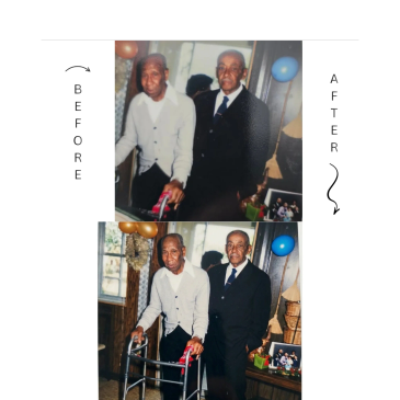 Before and after photos of two elderly men at a birthday celebration.