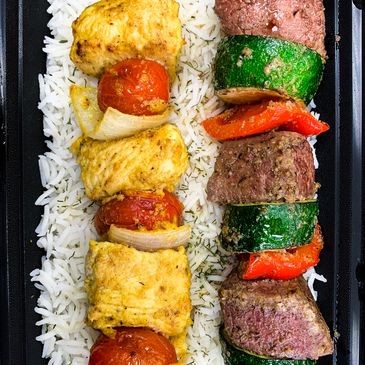 chicken, kebob, beef, skewers, vegetables, rice, to-go, packaging, meal, dinner, delivery, meal