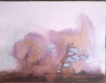 abstract mixed media landscape painting on paper in shades of purple and brown with black ink detail