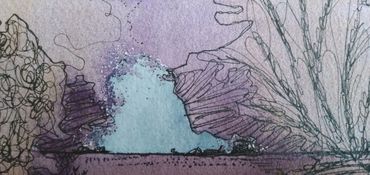 abstract mixed media landscape painting on paper in shades of purple and brown with black ink detail