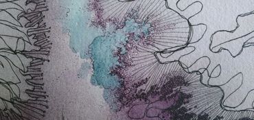 abstract mixed media landscape painting on paper in shades of purple and brown with black ink detail