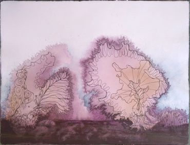 abstract mixed media landscape painting on paper in shades of purple and brown with black ink detail