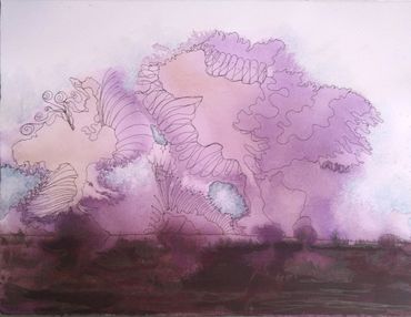 abstract mixed media landscape painting on paper in shades of purple and brown with black ink detail