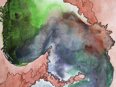 abstract watercolor of green & teal river with clay dirt, painted with genuine gemstone watercolors 