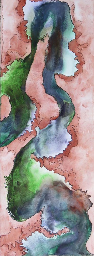abstract watercolor of green & teal river with clay dirt, painted with genuine gemstone watercolors 