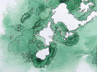 topographical map painting detail close up painted with genuine green turquoise gemstone watercolors