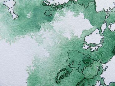 topographical map painting detail close up painted with genuine green turquoise gemstone watercolors