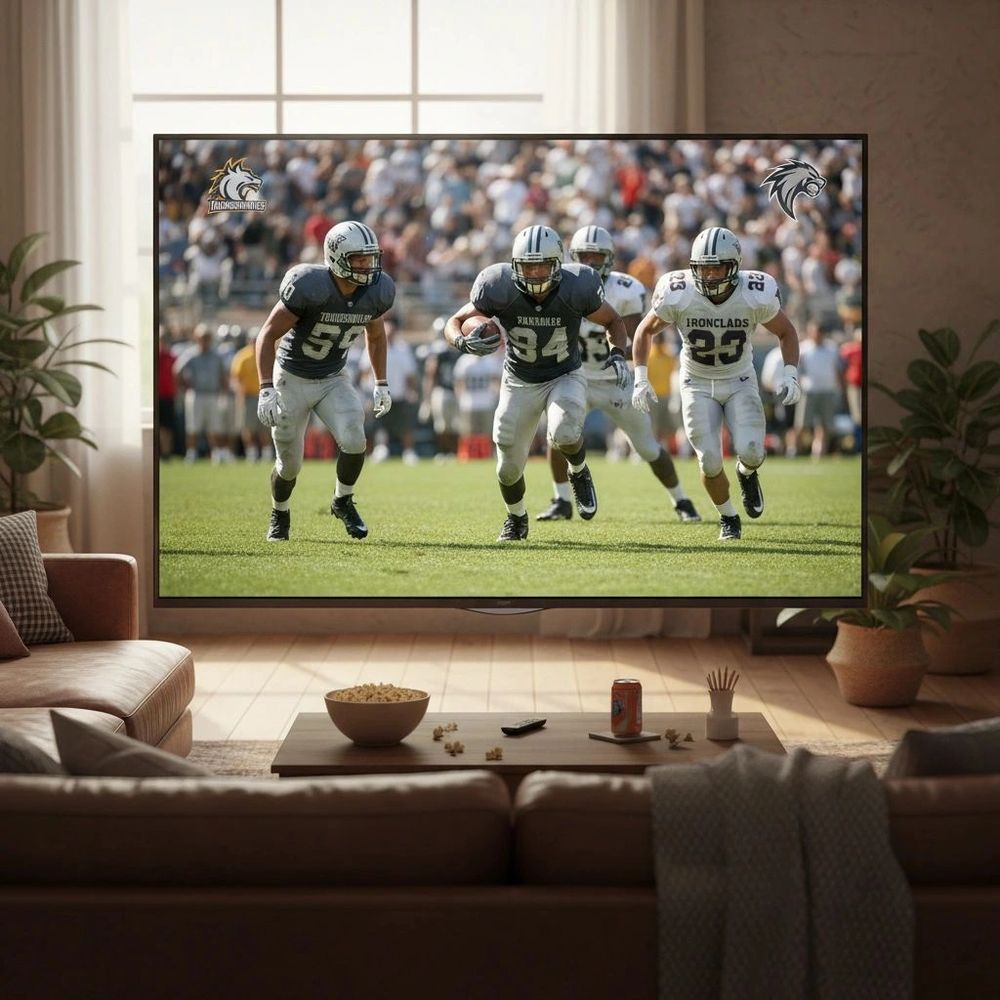 Football game displayed on a large TV in a cozy living room.