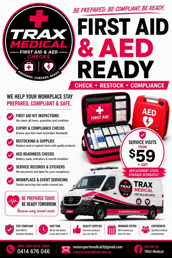 Trax Medical flyer for first aid and AED checks with service visits from $59.