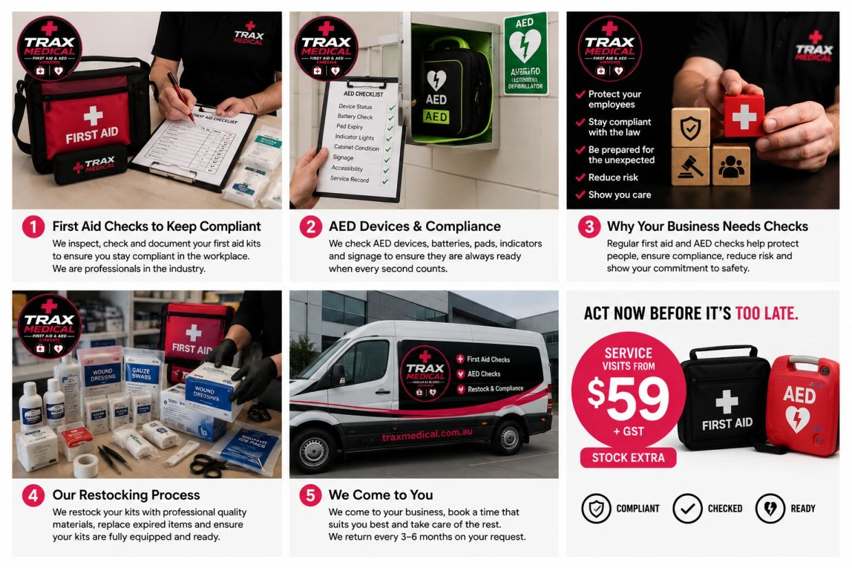 Infographic for TRAX Medical's first aid and AED compliance services.