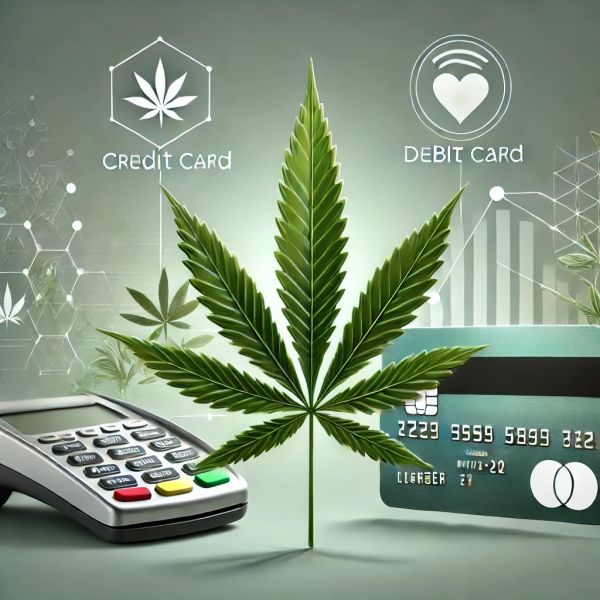 Marijuana leaf with payment terminal and card icons.