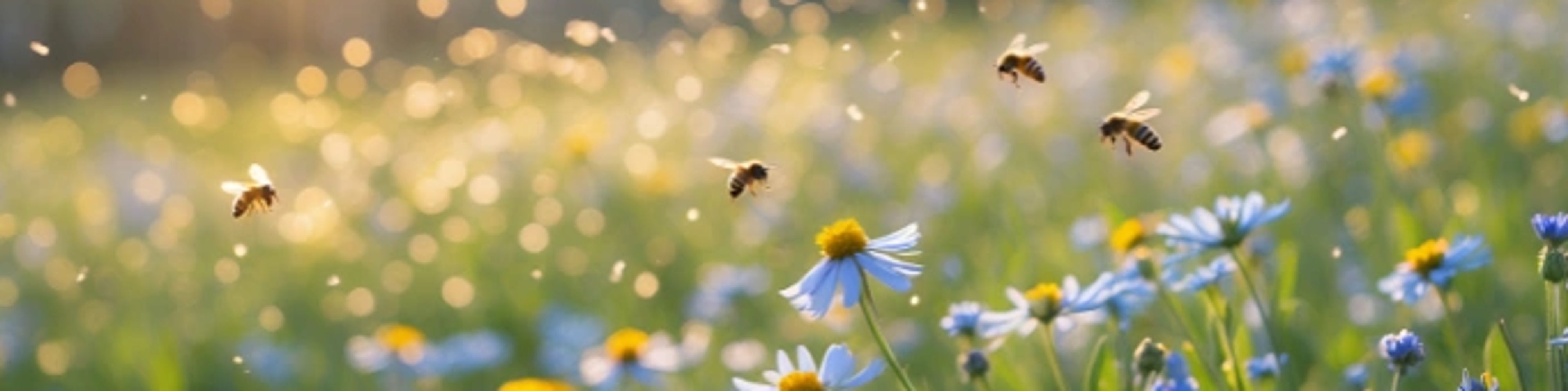 bees hovering above a field of blue and yellow flowers
