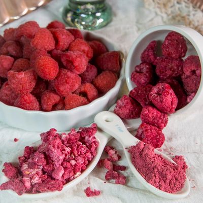 Fresh raspberries, whole freeze dried raspberries,  raspberry powder, raspberry crumble