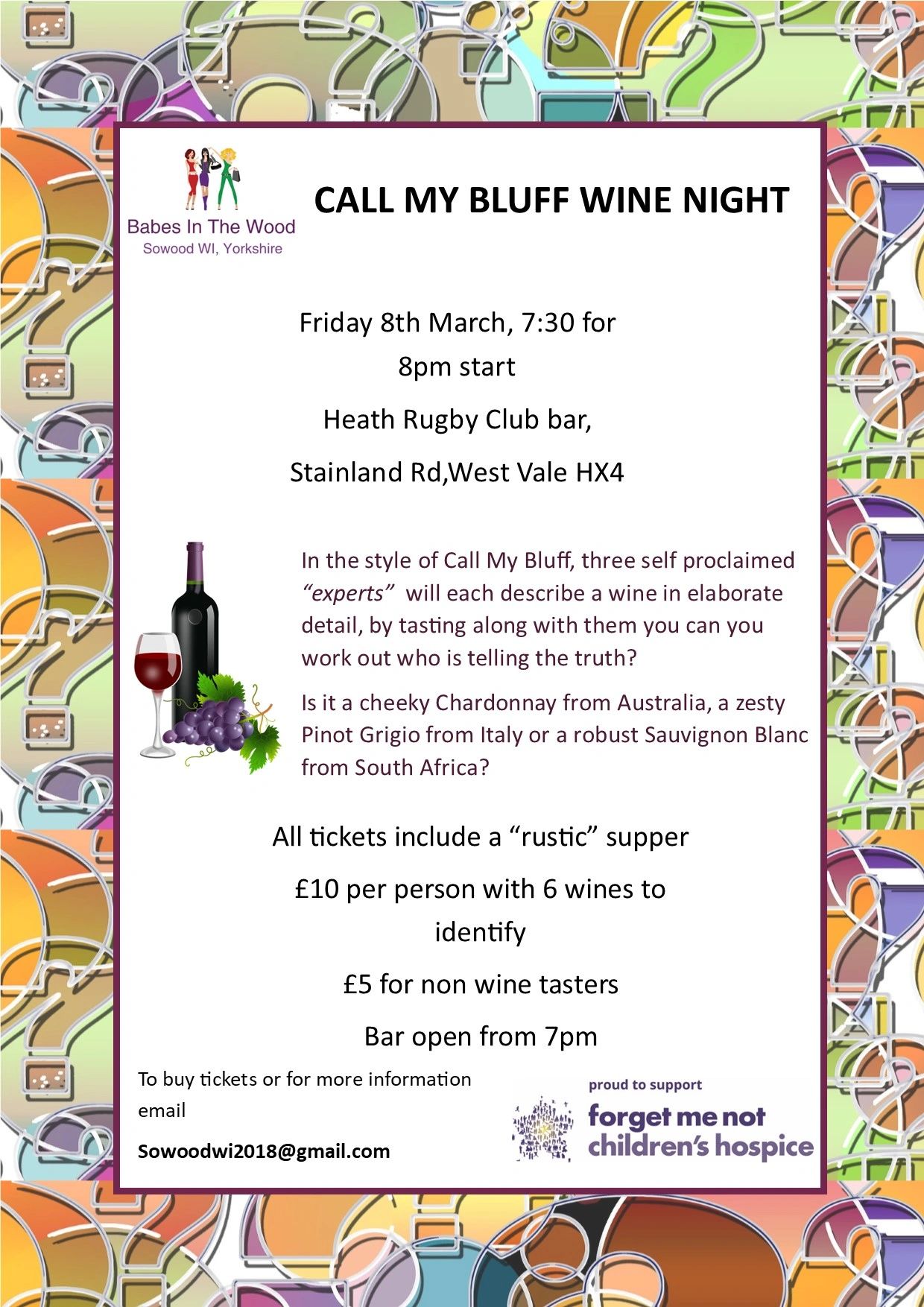 Flyer for Call My Bluff Wine Night on March 8th at Heath Rugby Club bar, Yorkshire.