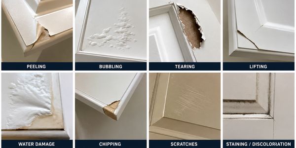 Various types of cabinet door damages including peeling, bubbling, tearing, and staining.