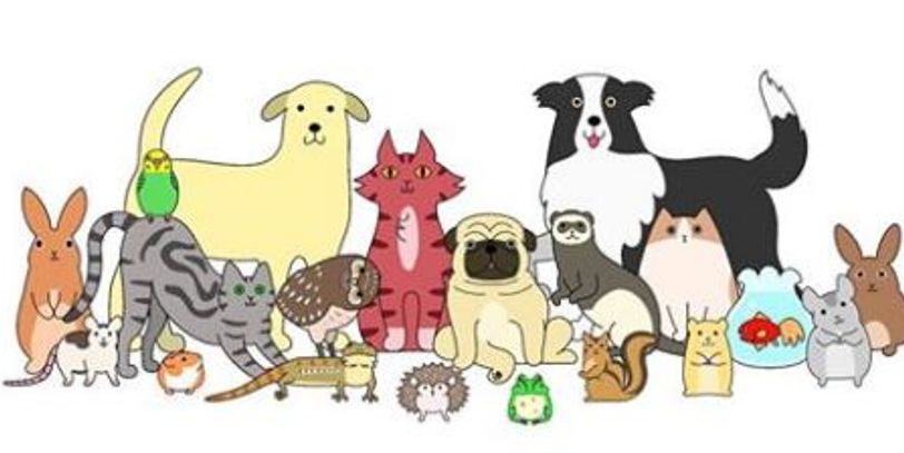 Cartoon group of various cute pets and animals.