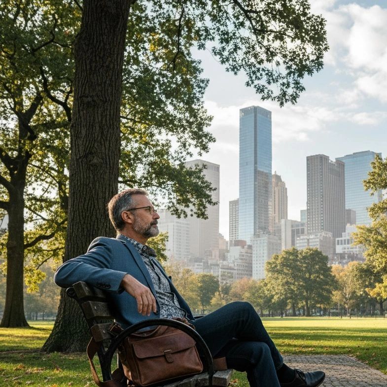 man sitting on a city park bench  deep in thought reflection of career, greif, loss future economy