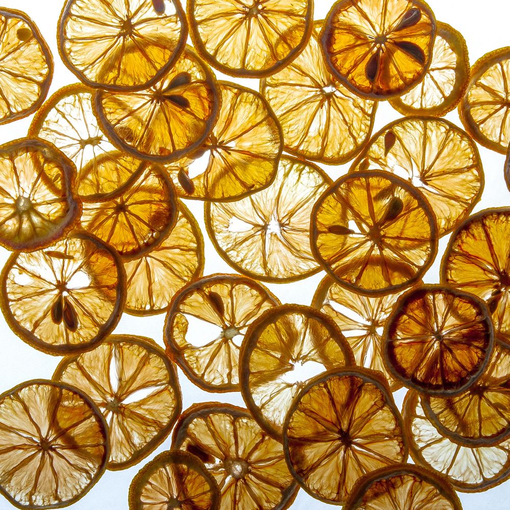 Close-up of dried citrus slices backlit for a glowing effect.