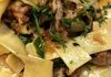 Slow Roasted Citrus Pork with Caramelized Onions, Spinach and Arugula Tossed with Pappardelle