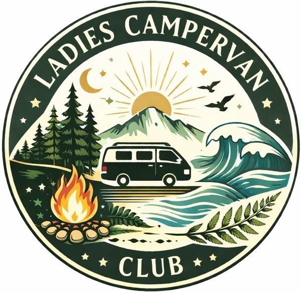 Emblem for Ladies Campervan Club with nature and adventure elements.